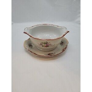 Vintage Empress China Japan Gravy Boat with Attached Plate Gold Red Trim Floral